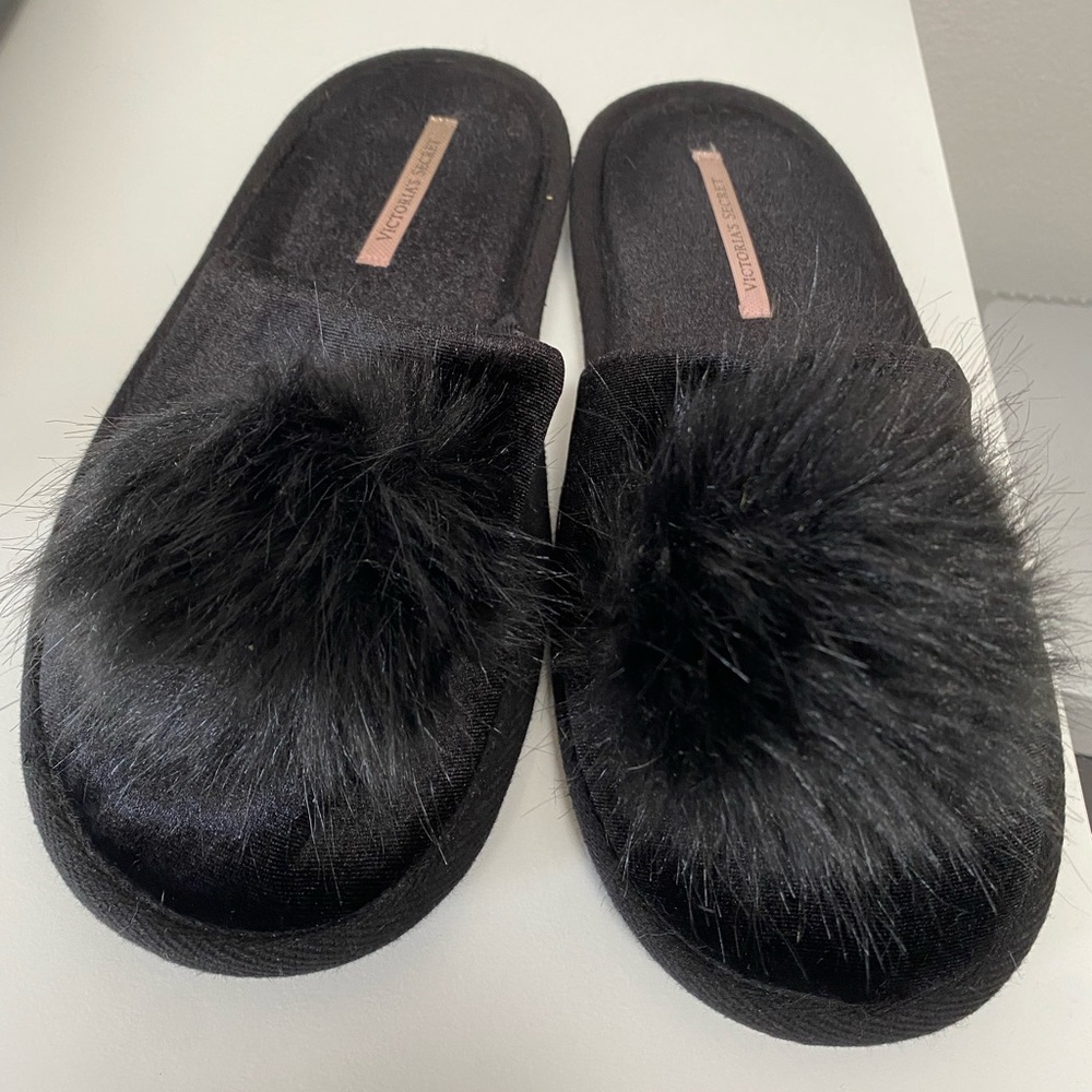3/$30 Victoria’s Secret Fur Puff Slippers, black velvet, L, fits 9-11 women.